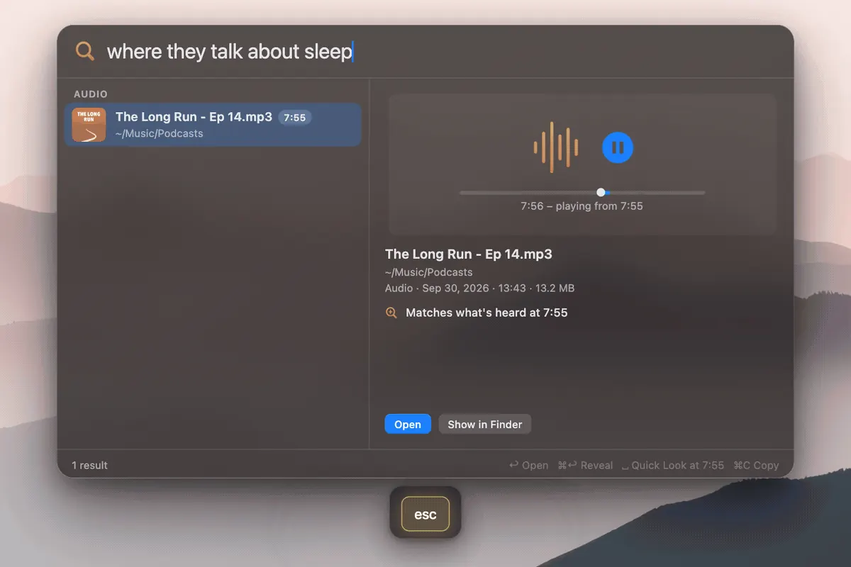 Mac UI: query “where they talk about sleep”, audio near 7:55 — still from ARahim3/DigUp docs/demo.gif (illustrative for Digup Run).