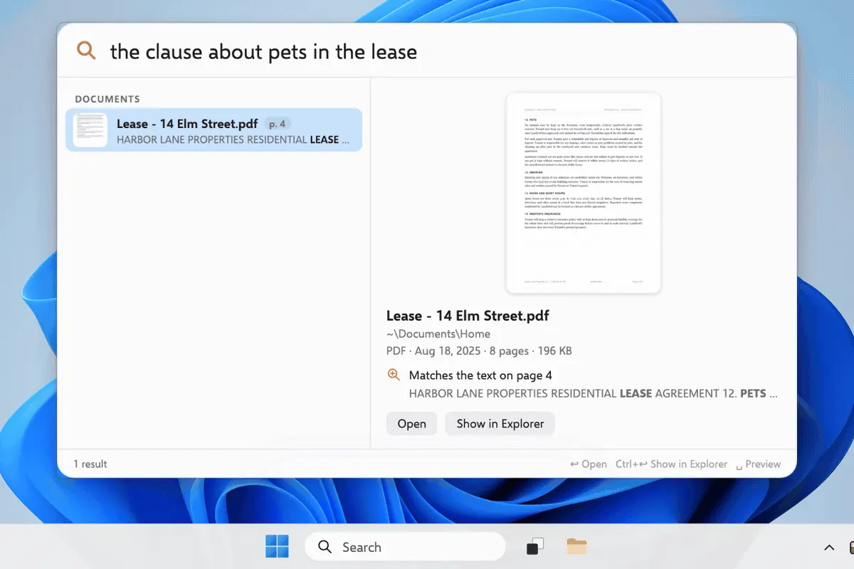 Windows UI: “the clause about pets in the lease”, PDF page 4 — still from upstream DigUp demo.gif (illustrative for Digup Run).